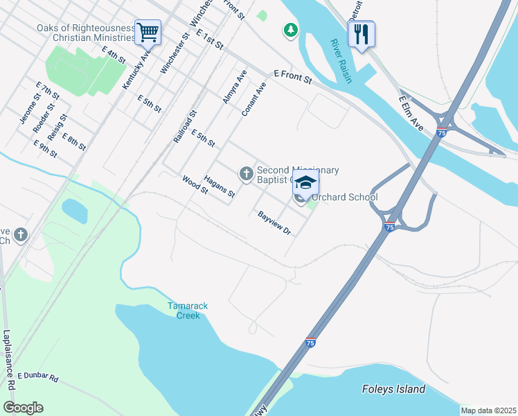 map of restaurants, bars, coffee shops, grocery stores, and more near 1631 Bayview Drive in Monroe