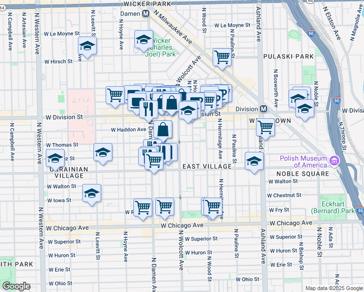 map of restaurants, bars, coffee shops, grocery stores, and more near 1048 North Wolcott Avenue in Chicago