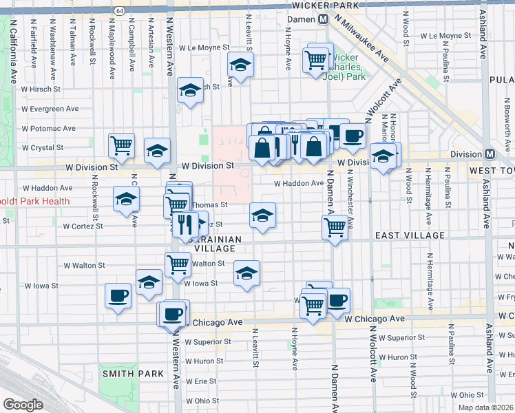 map of restaurants, bars, coffee shops, grocery stores, and more near in Chicago