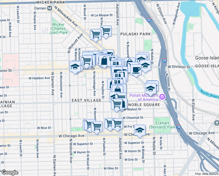 map of restaurants, bars, coffee shops, grocery stores, and more near 1048 North Marshfield Avenue in Chicago