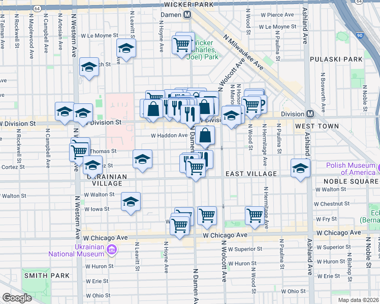 map of restaurants, bars, coffee shops, grocery stores, and more near 2019 West Thomas Street in Chicago