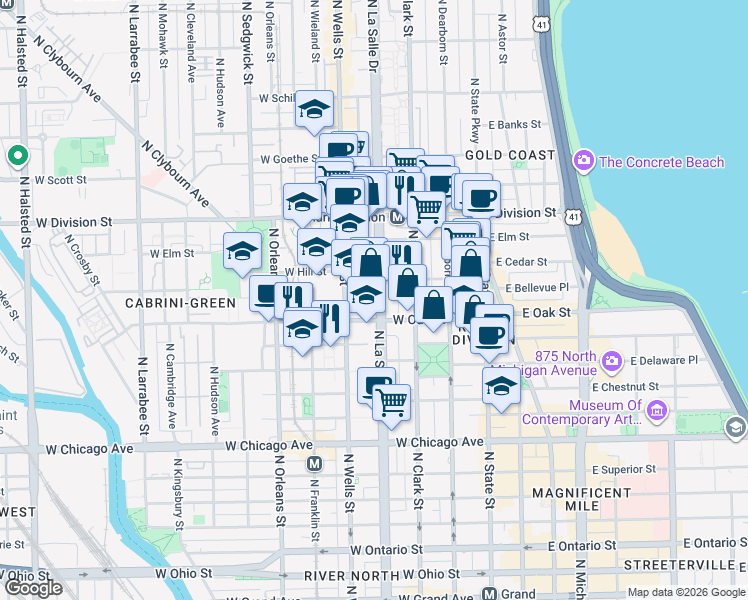 map of restaurants, bars, coffee shops, grocery stores, and more near in Chicago