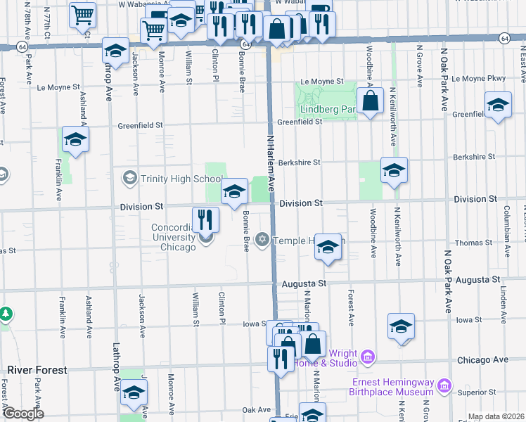 map of restaurants, bars, coffee shops, grocery stores, and more near 7211 Division Street in River Forest
