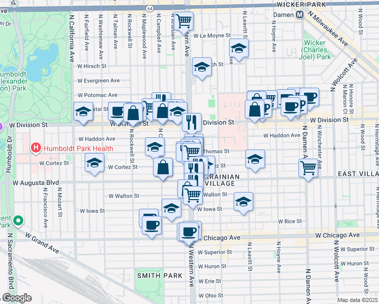 map of restaurants, bars, coffee shops, grocery stores, and more near N Western Ave & W Thomas St in Chicago