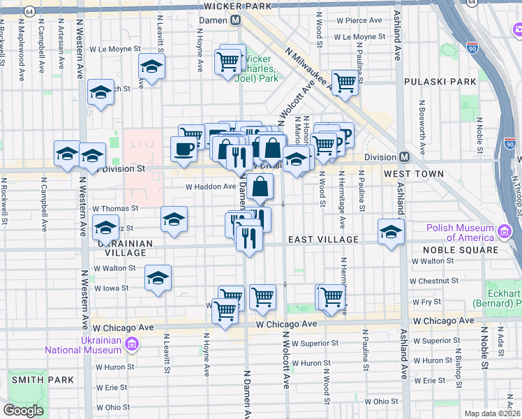 map of restaurants, bars, coffee shops, grocery stores, and more near 1935 West Thomas Street in Chicago