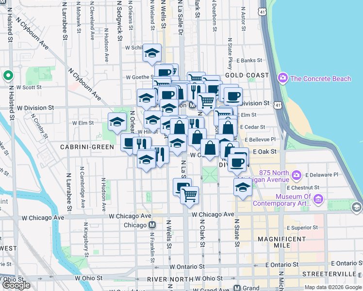 map of restaurants, bars, coffee shops, grocery stores, and more near in Chicago