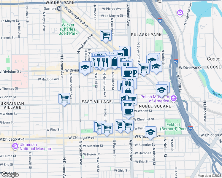 map of restaurants, bars, coffee shops, grocery stores, and more near 1716 West Cortez Street in Chicago