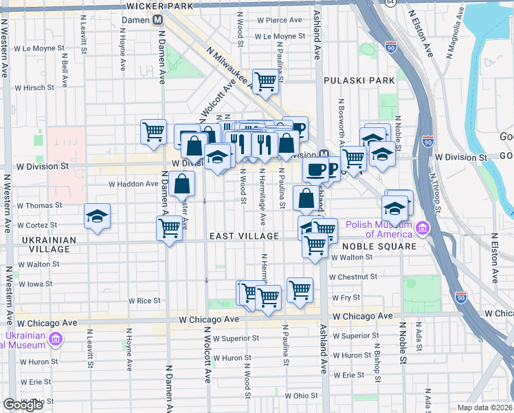 map of restaurants, bars, coffee shops, grocery stores, and more near 1049 North Wood Street in Chicago
