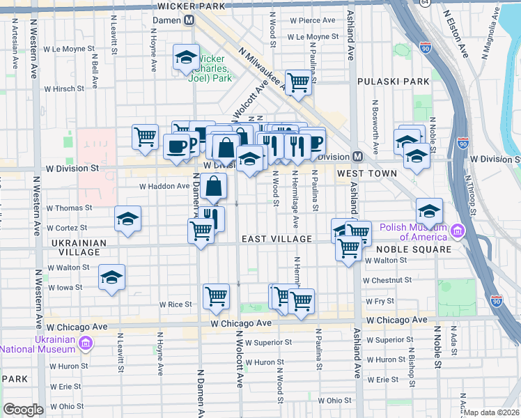 map of restaurants, bars, coffee shops, grocery stores, and more near 1048 North Honore Street in Chicago