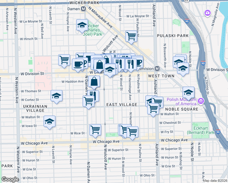 map of restaurants, bars, coffee shops, grocery stores, and more near 1048 North Honore Street in Chicago