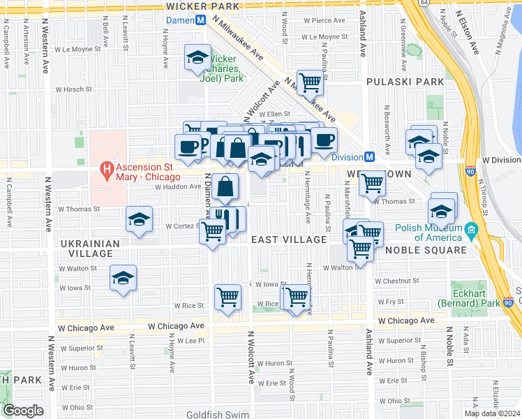 map of restaurants, bars, coffee shops, grocery stores, and more near 1048 North Honore Street in Chicago