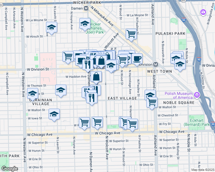 map of restaurants, bars, coffee shops, grocery stores, and more near 1048 North Wolcott Avenue in Chicago