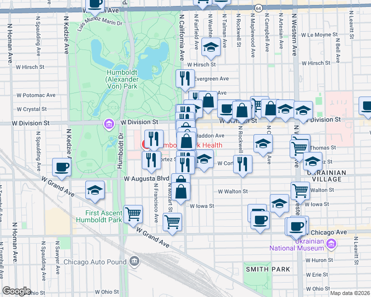 map of restaurants, bars, coffee shops, grocery stores, and more near 2741 West Thomas Street in Chicago