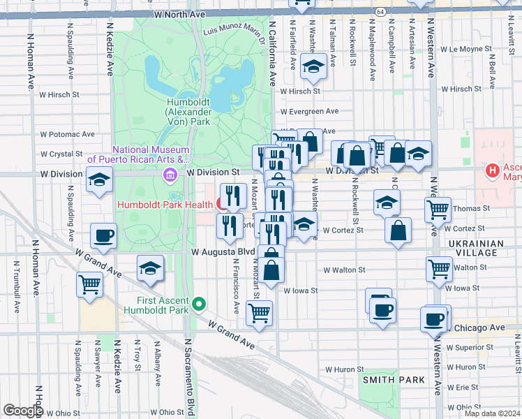 map of restaurants, bars, coffee shops, grocery stores, and more near in Chicago
