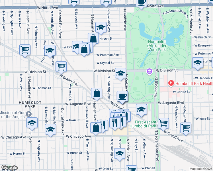 map of restaurants, bars, coffee shops, grocery stores, and more near 1064 North Spaulding Avenue in Chicago