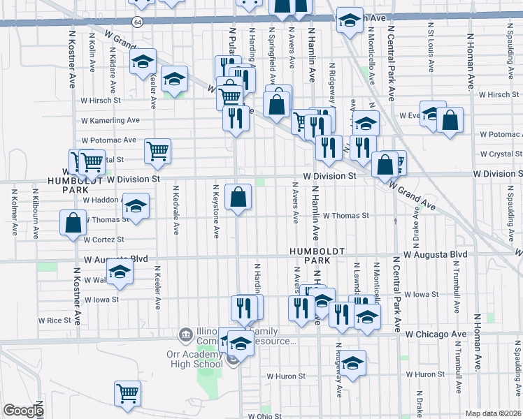 map of restaurants, bars, coffee shops, grocery stores, and more near 1101 North Harding Avenue in Chicago