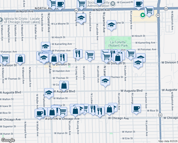 map of restaurants, bars, coffee shops, grocery stores, and more near 1121 North Lorel Avenue in Chicago