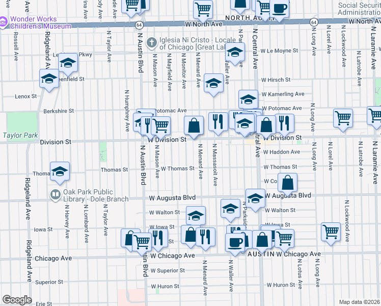 map of restaurants, bars, coffee shops, grocery stores, and more near 1122 North Menard Avenue in Chicago