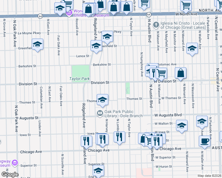 map of restaurants, bars, coffee shops, grocery stores, and more near 827 Mapleton Avenue in Oak Park