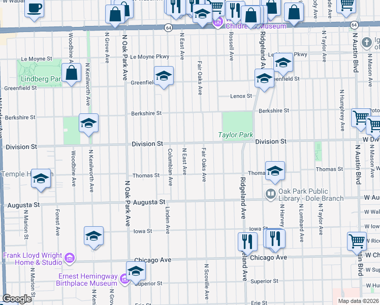 map of restaurants, bars, coffee shops, grocery stores, and more near 831 Fair Oaks Avenue in Oak Park