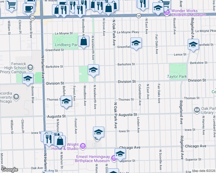 map of restaurants, bars, coffee shops, grocery stores, and more near 831 North Grove Avenue in Oak Park