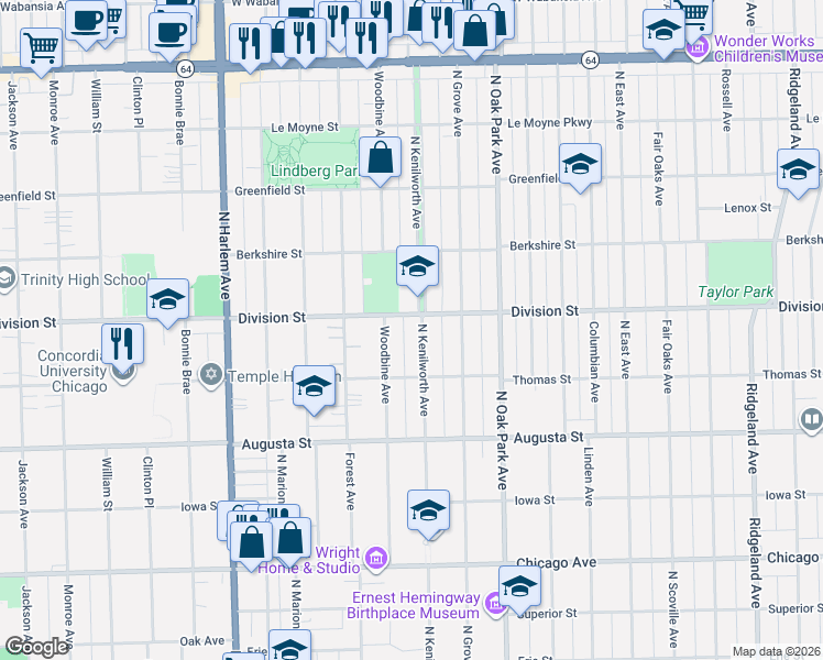 map of restaurants, bars, coffee shops, grocery stores, and more near 835 North Kenilworth Avenue in Oak Park