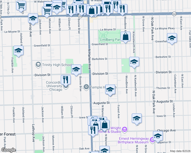 map of restaurants, bars, coffee shops, grocery stores, and more near 835 North Marion Street in Oak Park