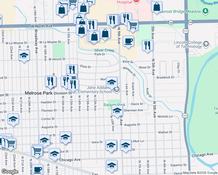 map of restaurants, bars, coffee shops, grocery stores, and more near 913 Division Street in Melrose Park
