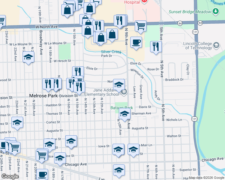 map of restaurants, bars, coffee shops, grocery stores, and more near 925 Division Street in Melrose Park