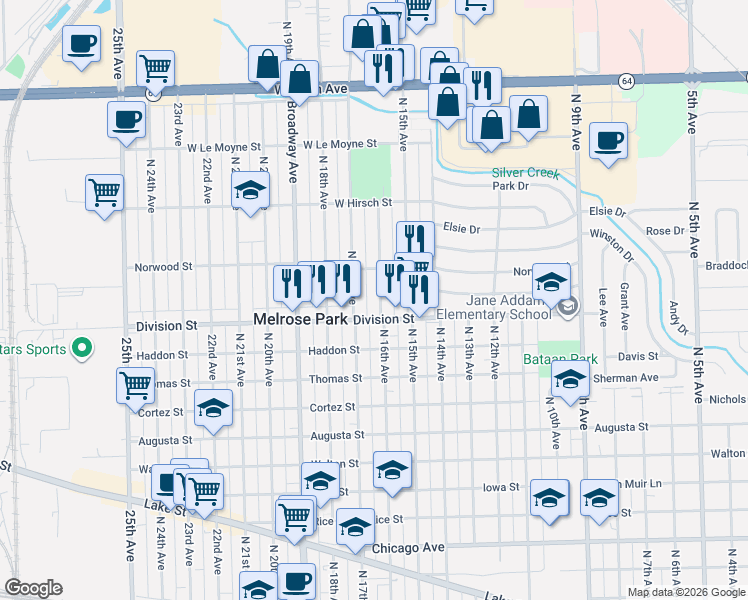map of restaurants, bars, coffee shops, grocery stores, and more near 1508 North 16th Avenue in Melrose Park