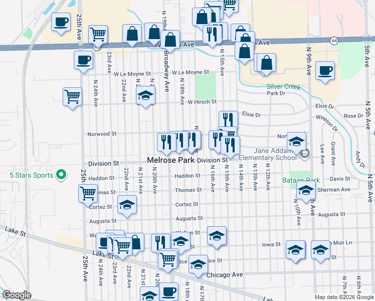 map of restaurants, bars, coffee shops, grocery stores, and more near 1510 North 17th Avenue in Melrose Park