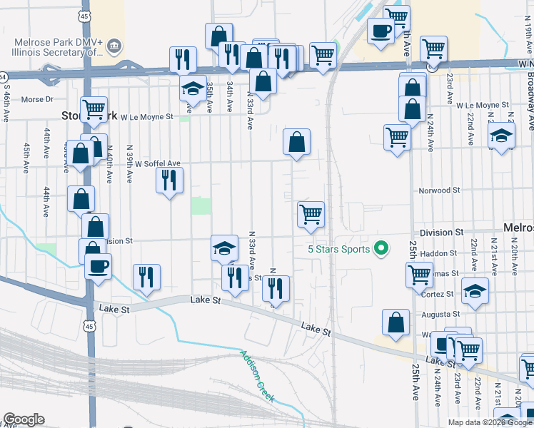 map of restaurants, bars, coffee shops, grocery stores, and more near 1524 32nd Avenue in Melrose Park