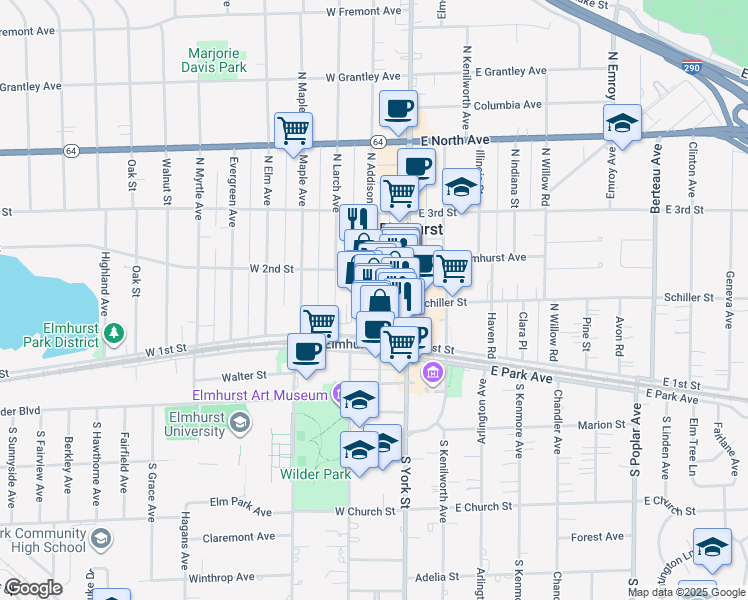 map of restaurants, bars, coffee shops, grocery stores, and more near 128 North Addison Avenue in Elmhurst