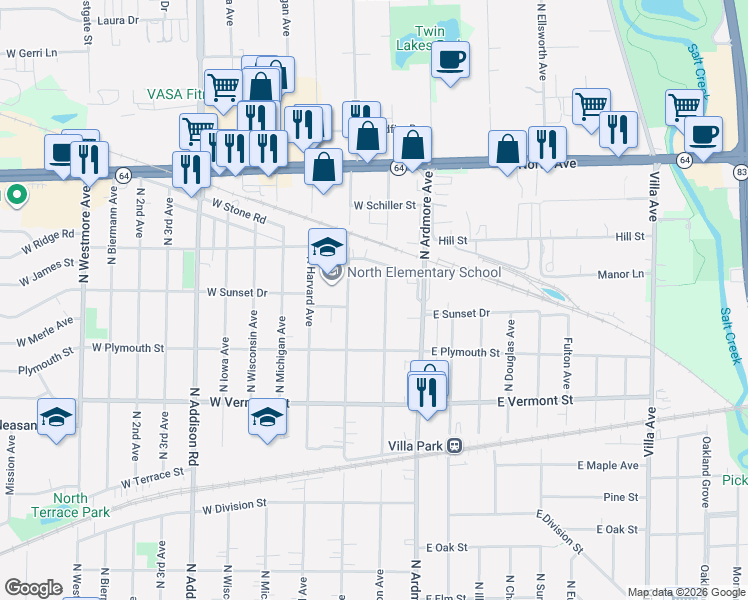 map of restaurants, bars, coffee shops, grocery stores, and more near 558 North Princeton Avenue in Villa Park