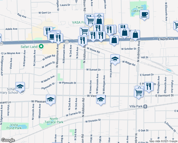 map of restaurants, bars, coffee shops, grocery stores, and more near 551 North Iowa Avenue in Villa Park