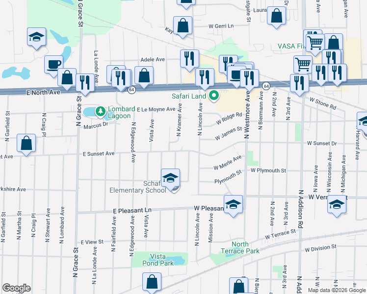 map of restaurants, bars, coffee shops, grocery stores, and more near 730 East Sunset Avenue in Lombard
