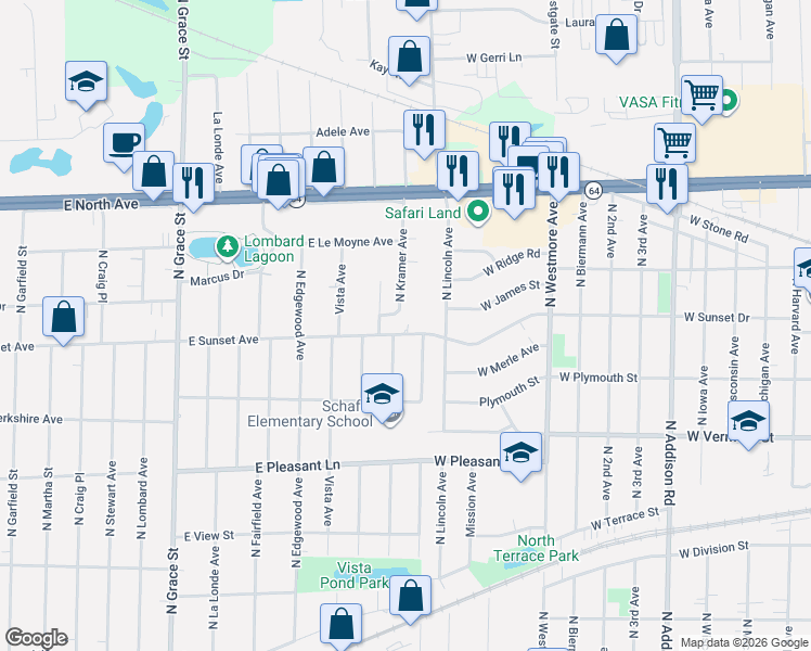map of restaurants, bars, coffee shops, grocery stores, and more near 730 East Sunset Avenue in Lombard