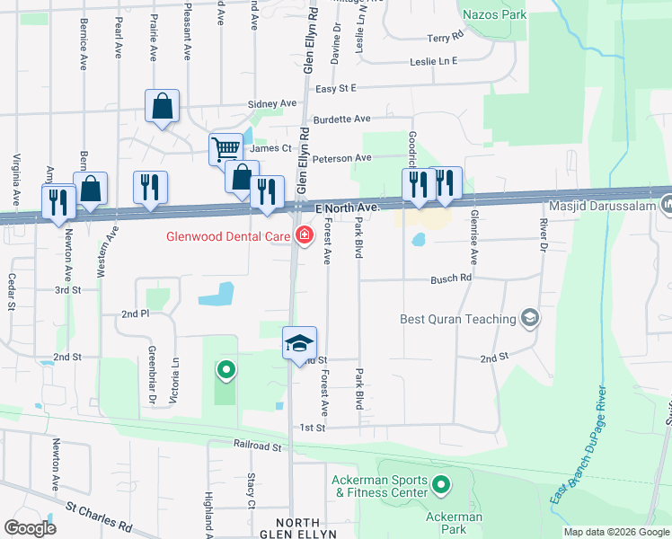 map of restaurants, bars, coffee shops, grocery stores, and more near 1N662 Forest Avenue in Glen Ellyn