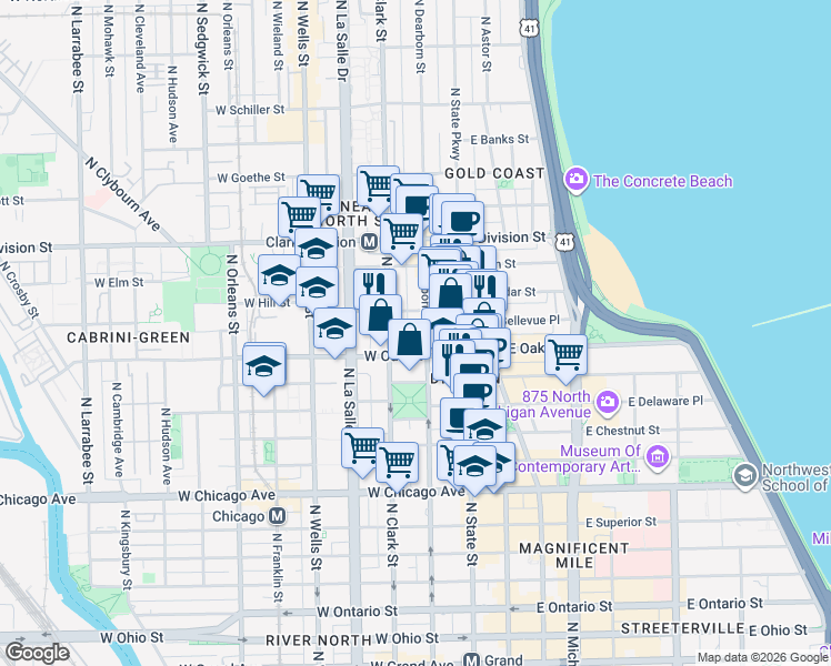 map of restaurants, bars, coffee shops, grocery stores, and more near 1016 North Dearborn Parkway in Chicago