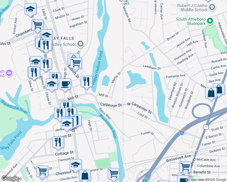 map of restaurants, bars, coffee shops, grocery stores, and more near 11 Myrtle Street in Cumberland