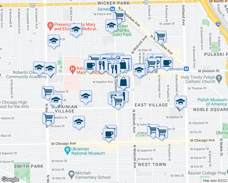 map of restaurants, bars, coffee shops, grocery stores, and more near 2019 West Thomas Street in Chicago