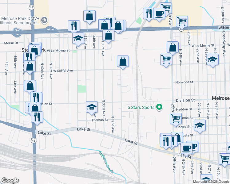 map of restaurants, bars, coffee shops, grocery stores, and more near 1524 32nd Avenue in Melrose Park