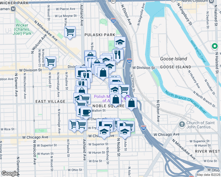 map of restaurants, bars, coffee shops, grocery stores, and more near 1072 North Milwaukee Avenue in Chicago