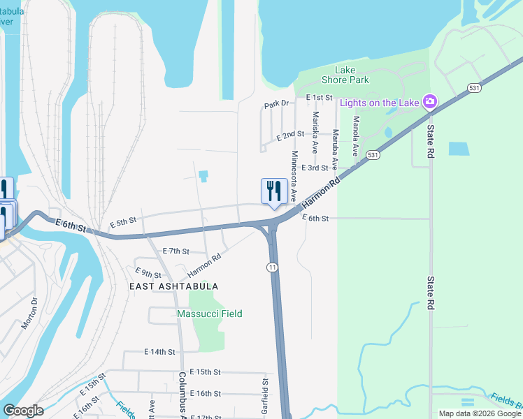 map of restaurants, bars, coffee shops, grocery stores, and more near 1249 East 6th Street in Ashtabula