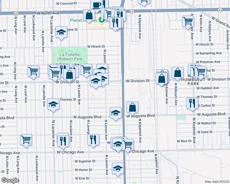 map of restaurants, bars, coffee shops, grocery stores, and more near 4827 West Haddon Avenue in Chicago
