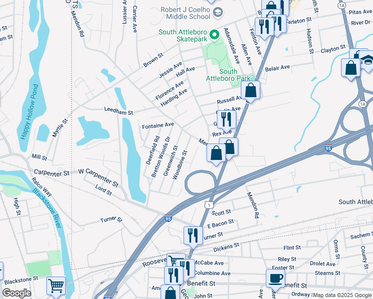 map of restaurants, bars, coffee shops, grocery stores, and more near 22 Woodbine Street in Attleboro