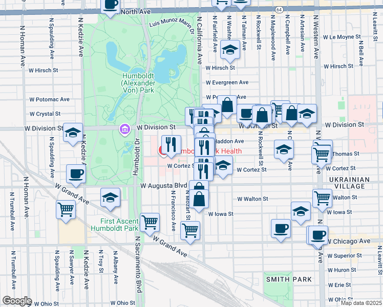 map of restaurants, bars, coffee shops, grocery stores, and more near 1101 North Mozart Street in Chicago