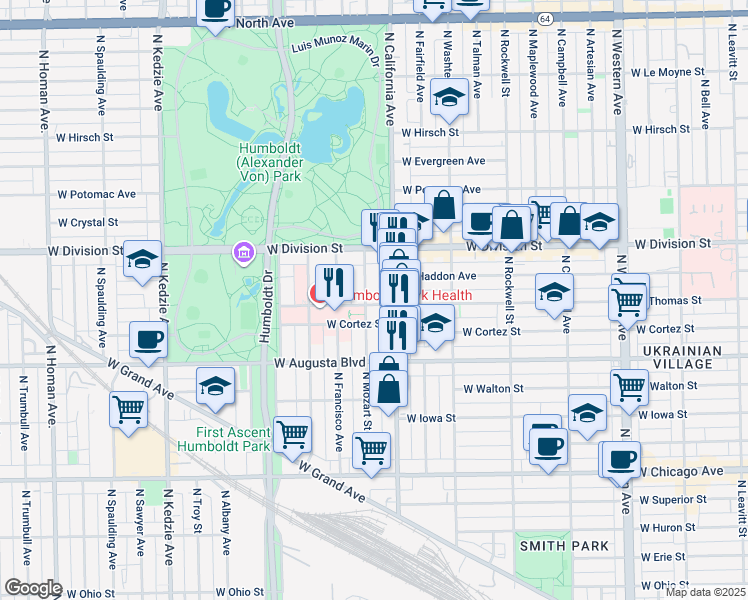 map of restaurants, bars, coffee shops, grocery stores, and more near 2815 West Thomas Street in Chicago