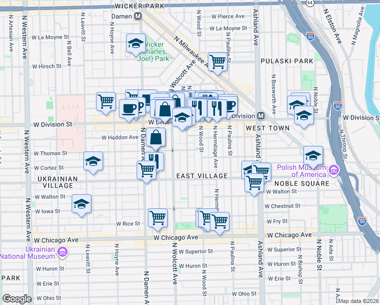 map of restaurants, bars, coffee shops, grocery stores, and more near 1048 North Honore Street in Chicago