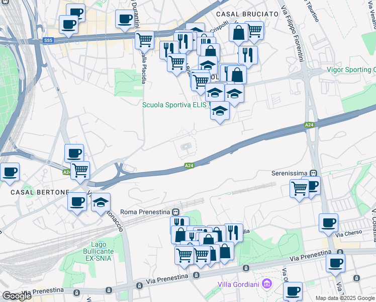 map of restaurants, bars, coffee shops, grocery stores, and more near A24 Penetrazione Urbana in Rome